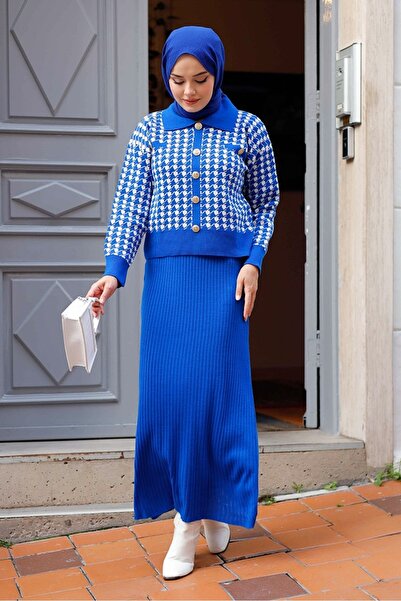 Bestenur Jeli Elbise Hırka İkili Triko Takım 1220 - Saks Mavisi