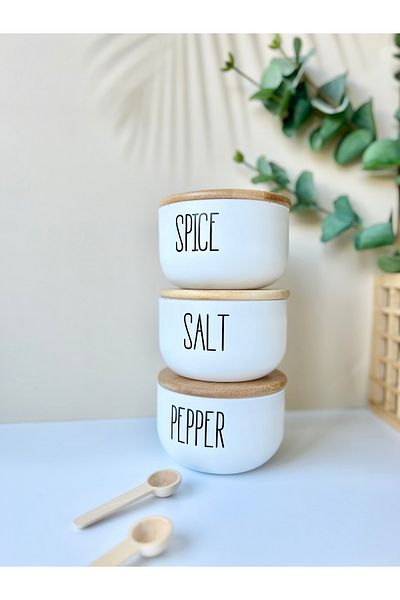 Mottogo 3-Piece Bamboo Lid Glass Spice Bowl Set Pepper| Spice| Salt