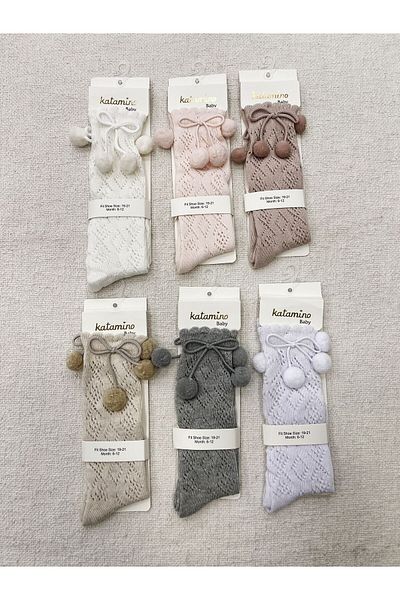 Katamino Baby Girl Knee-High Socks Pom Pom Model Knitwear Fabric Jacquard