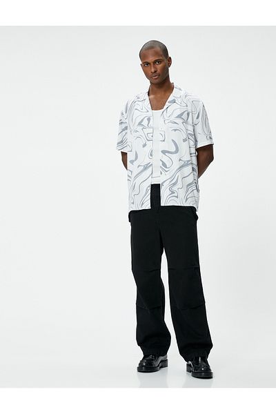 Koton Viscose PatterneD VintaGe Shirt - Short Sleeve, Turn-Down Collar, ButtoneD