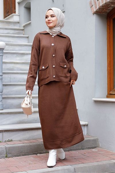 Bestenur Bitter Brown Esvel Skirt and Cardigan Double Knitwear Set 1226