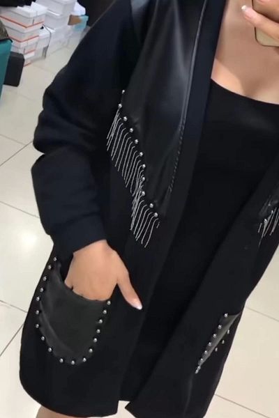 Bİ.GİYSEN Cardigan negru de damă cu franjuri cu lanț și detalii din piele artificială