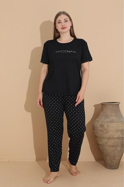 Eyfuze Women's Large Size Patterned Short Sleeve Milan Fabric Pajamas Set