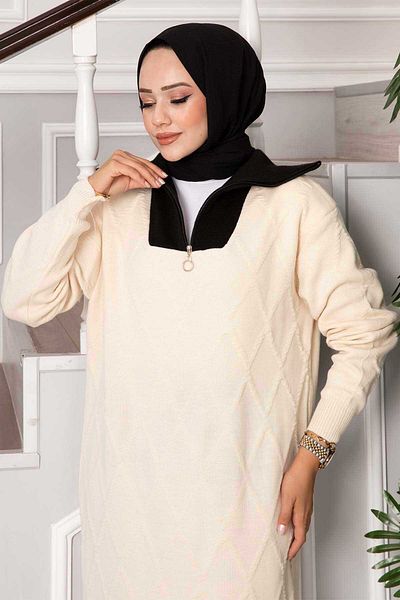 EBRUTESETTÜR Diamond Pattern Garnished Knitwear Dress