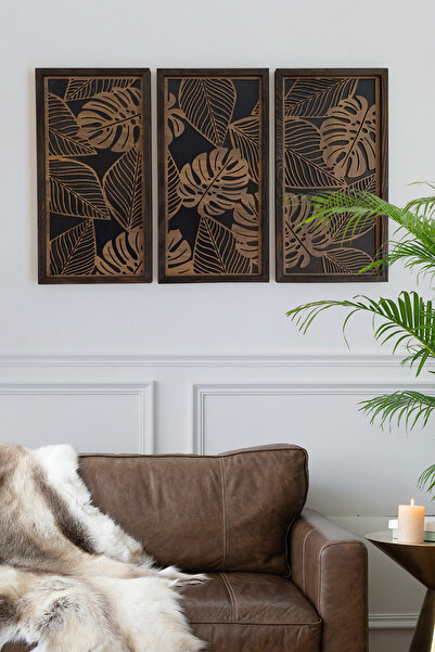 Wooden Factory 3 Parçalı Ahşap Duvar Dekoru – Tropikal Yaprak Desenli