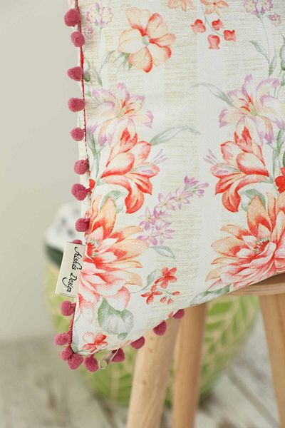 Aisha's Design 45X45 cm Classic Floral Patterned Pompom Throw Pillow Cover - K-401