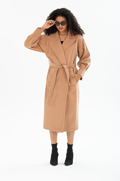 Pitti Women's Camel Beige Balloon Sleeve Lined Long Bubble Pocket Coat 70616