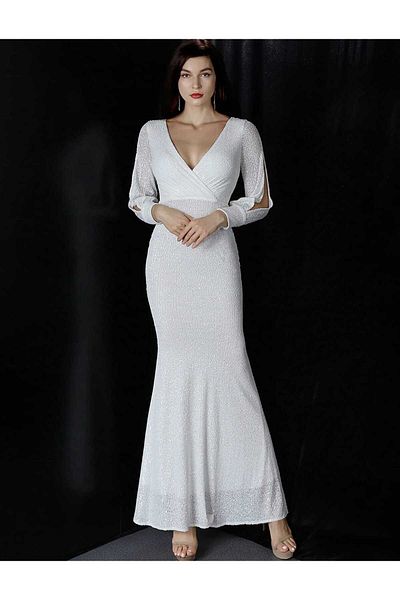 MODAS Long Sleeve Crowace Collar Pul Payet Evening Dress