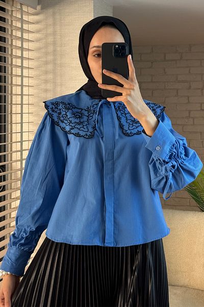 Salih Çelebi 2088 Model - Embroidery Detailed Collar Tunic - Blue