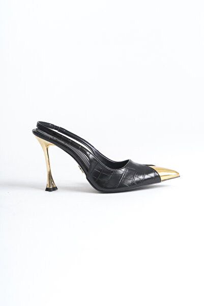 AYAKKABI PRENSİ Nixi Altin Detayli Siyah Kroko 10 Cm Kadın Stiletto, Topuklu Ayakkabı