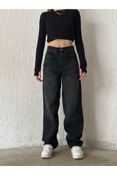 LAMİRAMOOD Black Baggy Buckle Detailed Loose Fit Wide Leg Comfortable Baggy Jean Jeans Loose Women's Trousers