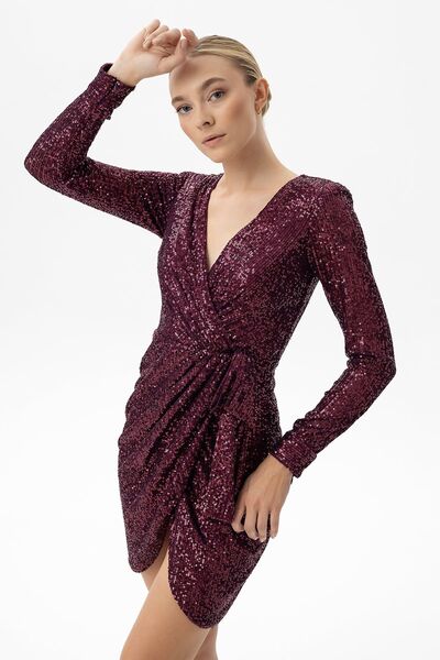 Sarı Etiket Long Sleeve Sequined Mini Dress