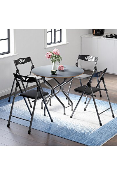 eportatif Mutfak Masa Sandalye Takımı Bahçe Yemek Masa Seti Yuvarlak Füme 1052