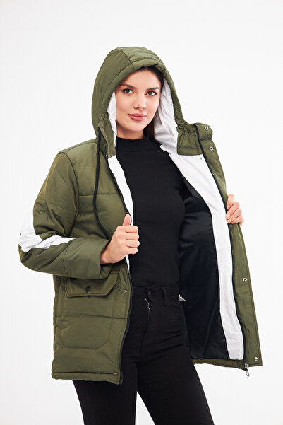 ESPİNA Women's Woven Fabric Hooded Puffer Jacket with Front Cover, Snap Fasteners and Zipper