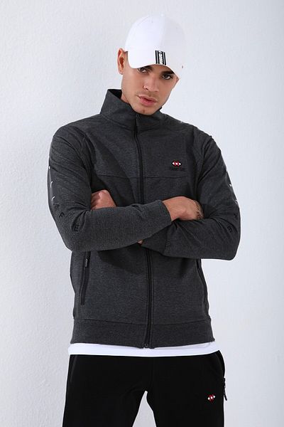TOMMY LIFE Anthracite - Μαύρος γιακάς με ριγέ εμπριμέ ανδρική φόρμα με μανσέτες - 85150