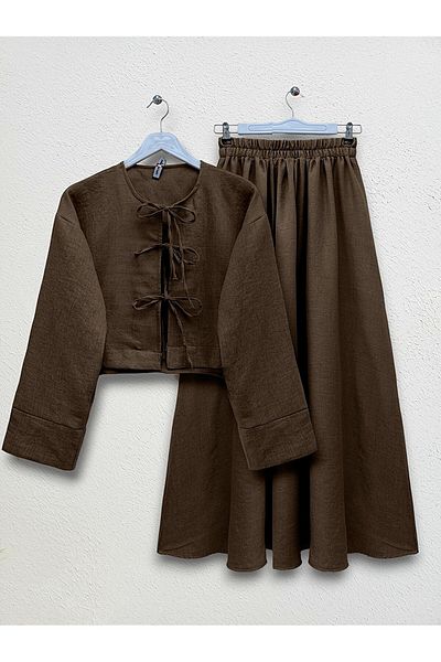 Modamorfo Front Double Tie Jacket Skirt Suit - Coffee