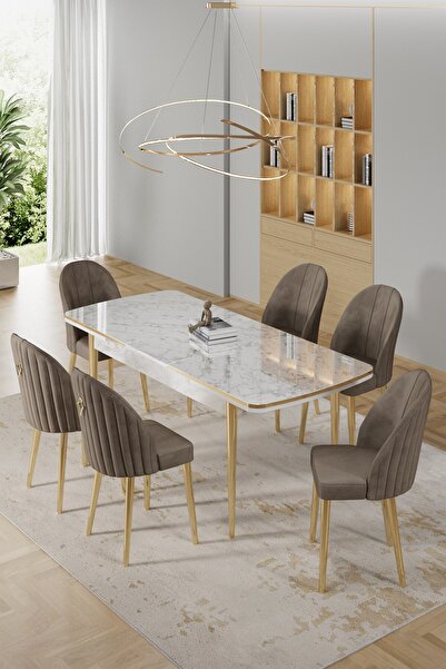 Canisa Rada Serisi 80x132 Açılabilir Lak Panel Beyaz Mermer Desen Masa 6 Cappucino Sandalye Gold Detay