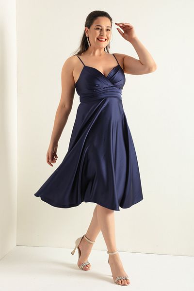 Lafaba Women's Navy Blue Rope Strap Waist Belted Satin Midi Plus Size Evening Dress