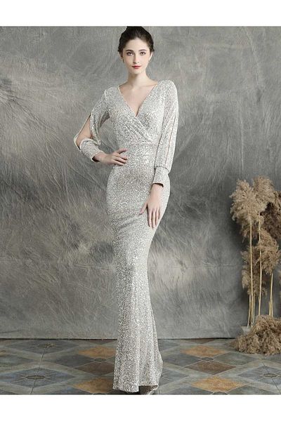 MODAS Long Sleeve Crowace Collar Pul Payet Evening Dress