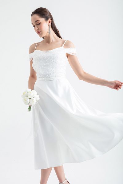 Lafaba Weißes, ausgestelltes Midi-Abendkleid mit Riemchen für Damen