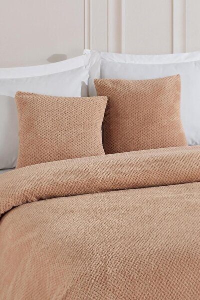 LADYNİL Softy Çift Kişilik Yatak Örtüsü | Wellsoft Battaniye 220 X 230cm 2 Adet Kırlent Kılıfı 45x45cm Bej