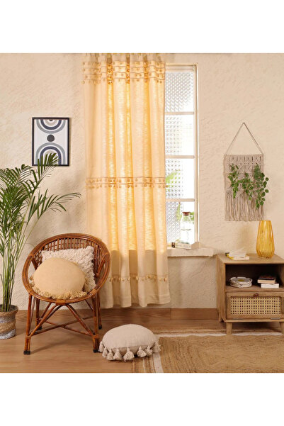 Perdeplus Single Wing Buldan Linen 100% Cotton Background Curtain - Row and Tassel Detail