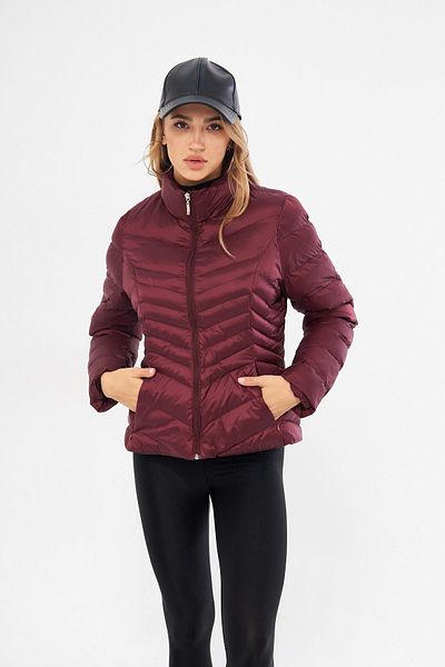 The Champ Clothing Goose Feather Filled Stand Collar Women's Burgundy Puffer Jacket