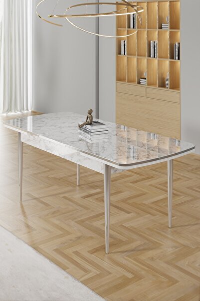 Canisa Rada Serisi 80x132 Açılabilir Lak Panel Beyaz Mermer Desen Masa 6 Antrasit Sandalye Krom Detay