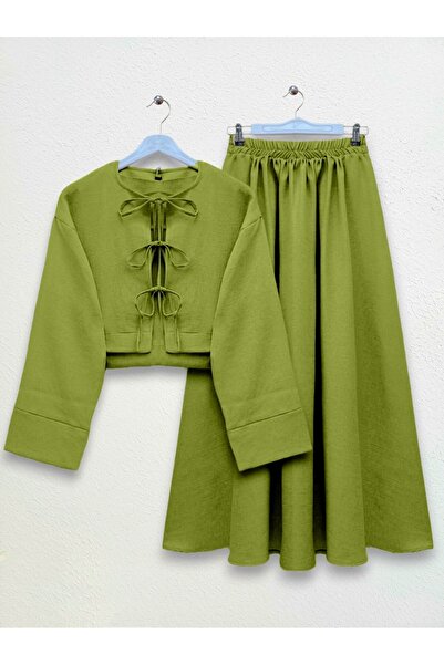 Modamorfo Front Double Tie Jacket Skirt Suit - Oil Green