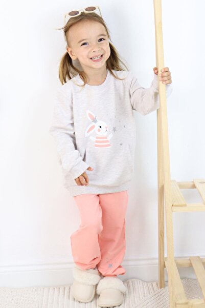 Breeze Kız Çocuk Eşofman Takım Sevimli Sihirbaz Tavşancık Baskılı 1-4 Yaş, Bej Melanj