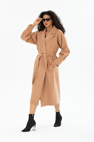 Pitti Women's Camel Beige Balloon Sleeve Lined Long Bubble Pocket Coat 70616