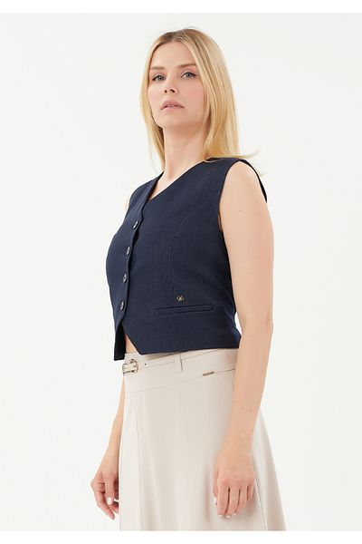 blouzella V-Neck Woven Stylish Vest with Belt Detail