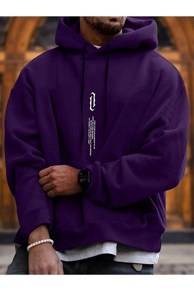 MEİLİFENG Men's Purple Chest Vertical Printed Oversize Hooded Sweatshirt