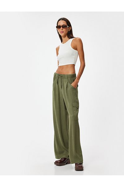 Koton Wide Leg Trousers with Cargo Pocket and Waist Ties