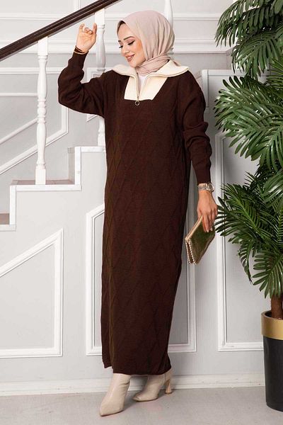 EBRUTESETTÜR Diamond Pattern Garnished Knitwear Dress