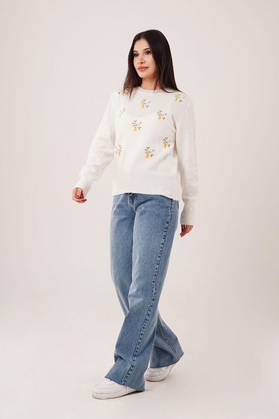 Hipo Trend Winter Flower Embroidered Crew Neck Ecru Sweater