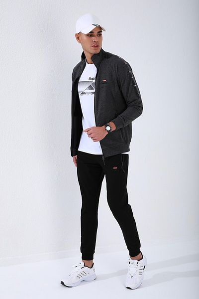 TOMMY LIFE Anthracite - Μαύρος γιακάς με ριγέ εμπριμέ ανδρική φόρμα με μανσέτες - 85150