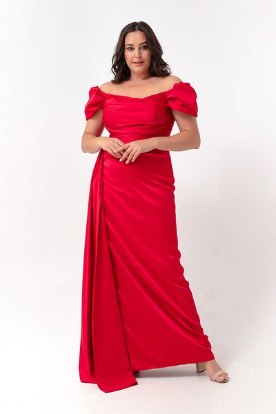 Lafaba Women's Red Boat Neck Trained Long Satin Evening Dress & Graduation Dress
