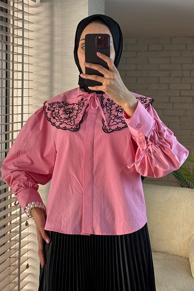 Salih Çelebi 2088 Collared Embroidery Detailed Tunic - Pink