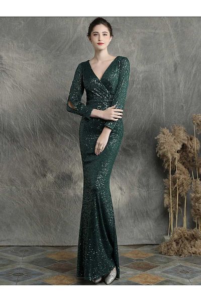 MODAS Long Sleeve Crowace Collar Pul Payet Evening Dress