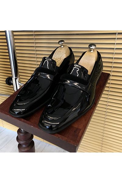 TerziAdemAltun Costum de mire în stil italian Pantofi bărbați din piele lăcuită Negru T4819