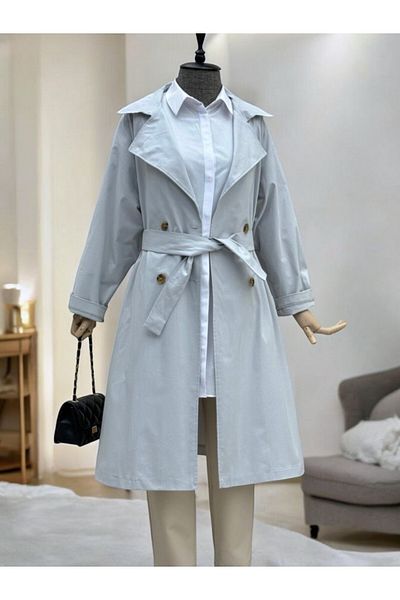 Modamorfo Bolero Λεπτομερής Ζώνη Araboy Trench Coat - Ανοιχτό Γκρι