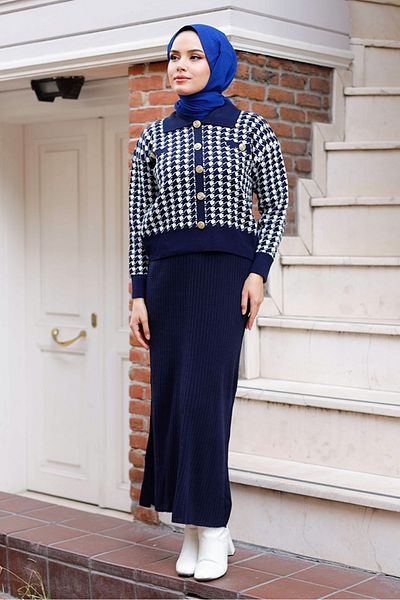 Bestenur Σετ πλεκτό Navy Blue Gel - Φόρεμα και ζακέτα 1220