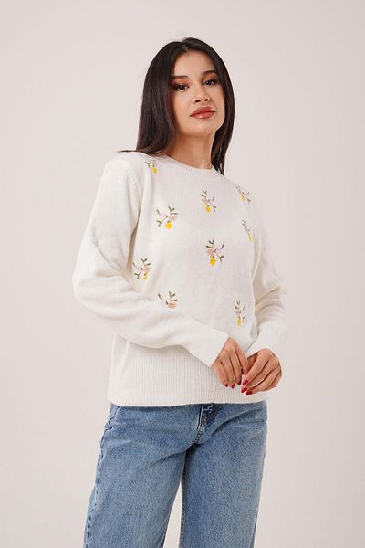 Hipo Trend Winter Flower Embroidered Crew Neck Ecru Sweater