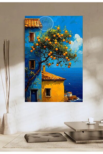 Orange Tree Houses and Sea View with Abstract Oil Painting HD Quality Canvas Painting