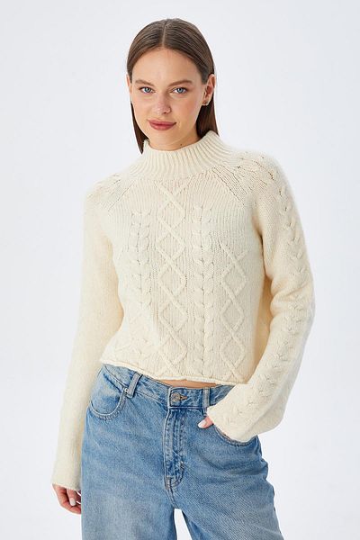 Mixray 6855 Model Natural Colored Stand Collar Hair Braided Women's Knitwear Sweater