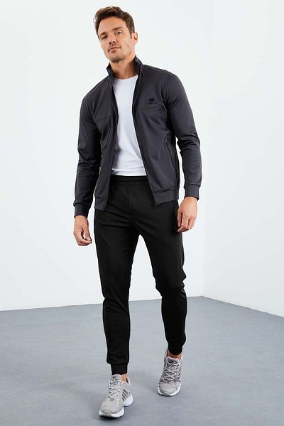 TOMMY LIFE Ανδρική φόρμα αντρικής φόρμας με γιακά με φερμουάρ ανθρακί-μαύρο - με μανσέτες 85160