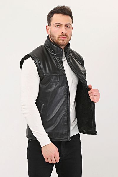 NYC GİYİM TEKSTİL Genuine Leather Fur Dominant Collar and Fur Inside Vest