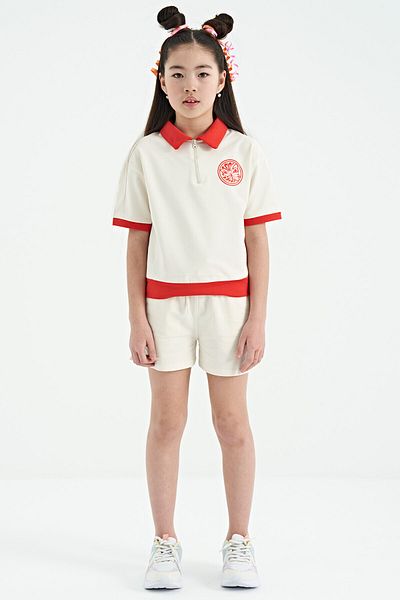 TOMMY LIFE Ecru Collared Short Sleeve Comfortable Form Girls' Shorts Set - 75131