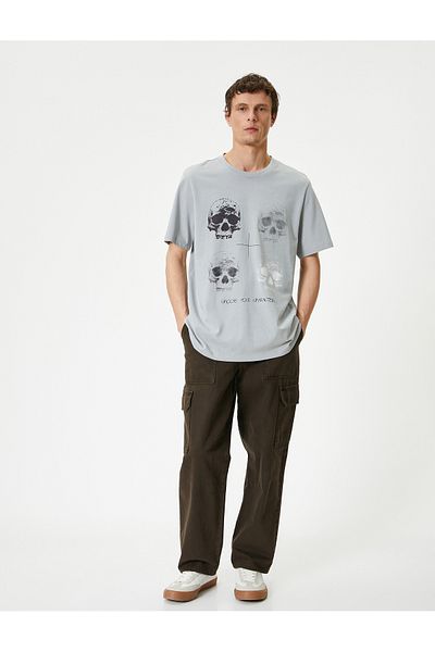 Koton Skull Print T-Shirt Crew Neck Slogan Short Sleeve